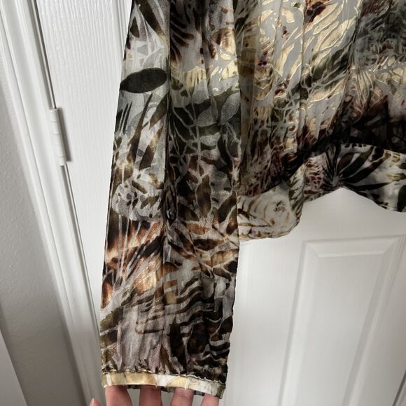 Chico's Velvet Burnout Sheer Silk Blouse Size 3 US XL Brown Long Sleeve Side Tie - Picture 6 of 9